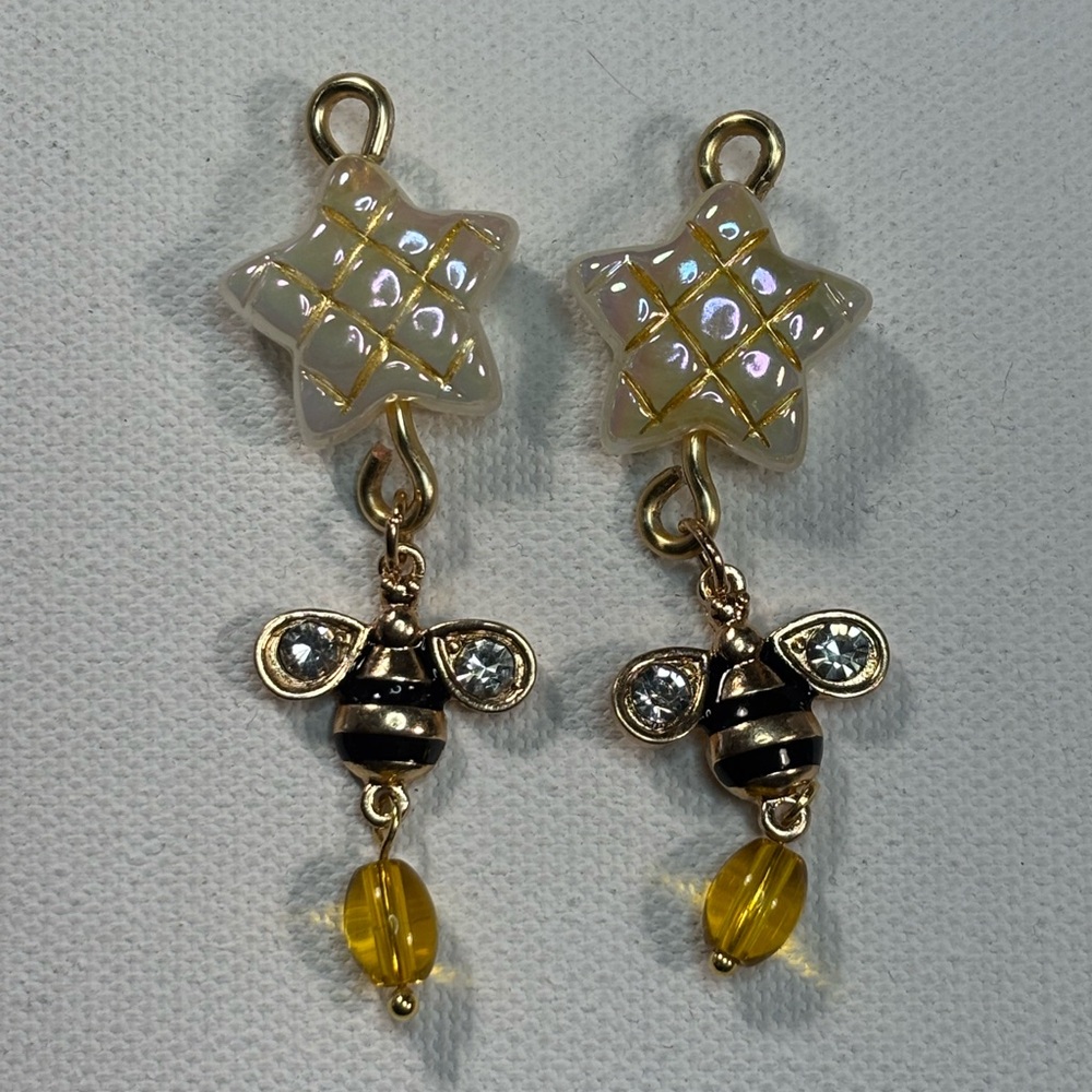 Gold Bee & Star Dangle Earrings - Yellow and White